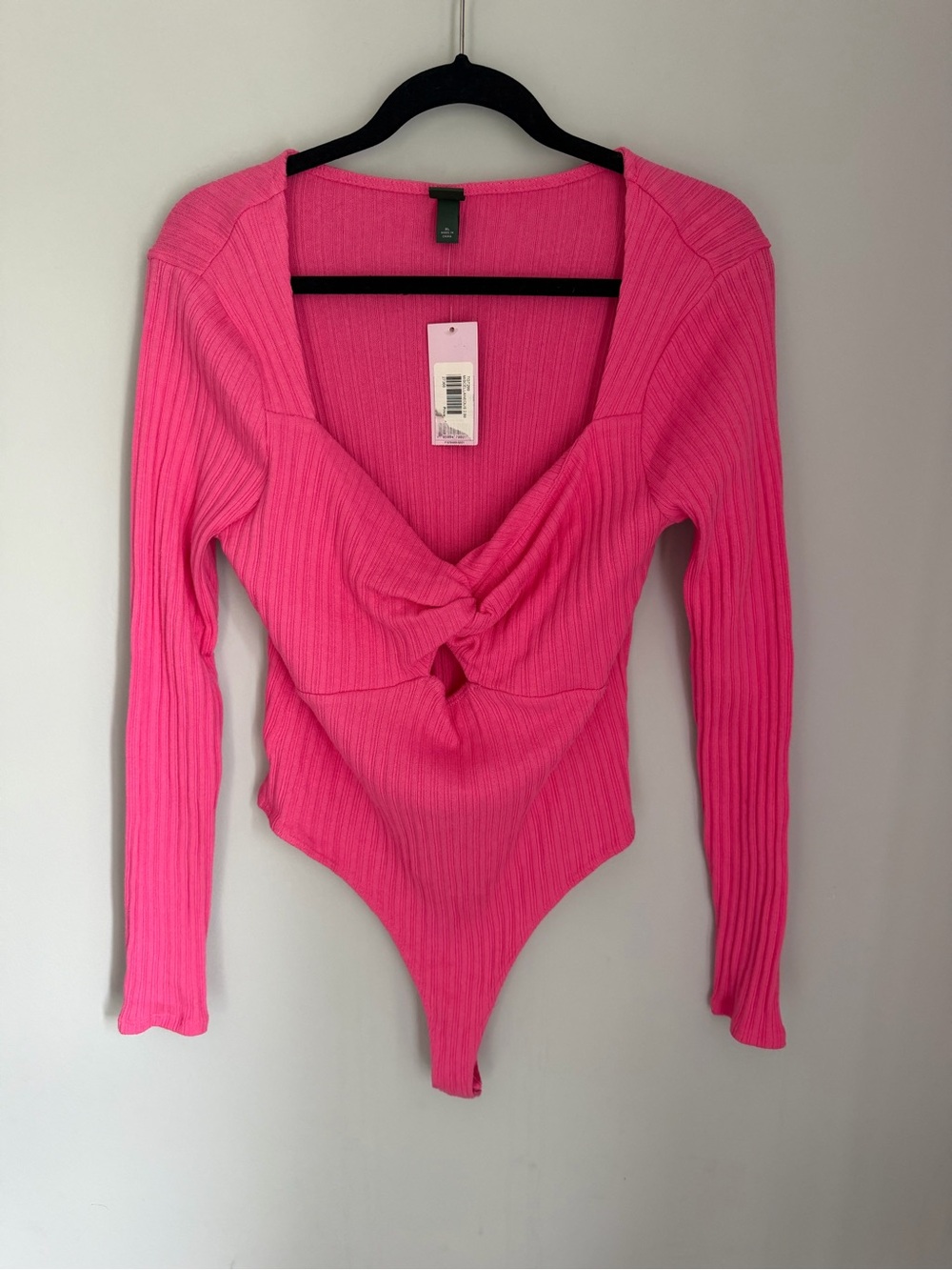 NWT Wild Fable Pink Ribbed Twist Front Cutout Bodysuit XL Long Sleeve